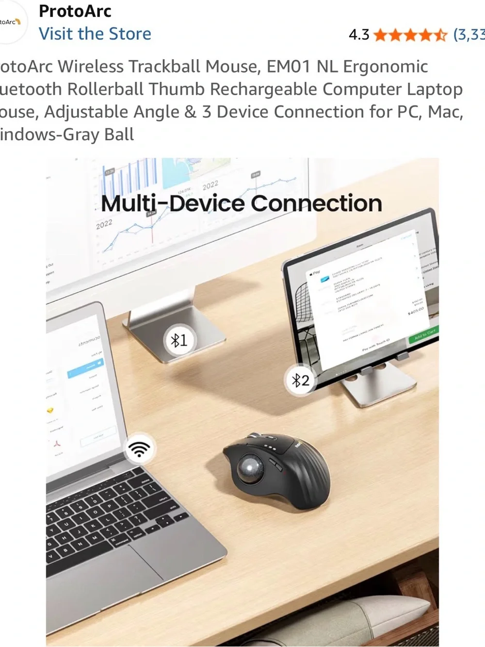 EM01 NL ProtoArc Gray Ergonomic Wireless Trackball Mouse
